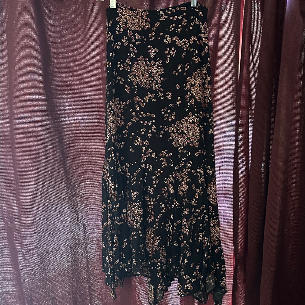 Free People Asymmetrical Black and Pink Floral Skirt